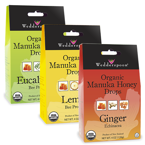 Package of ginger cough drops, eucalyptus cough drops, & lemon cough drops made with honey