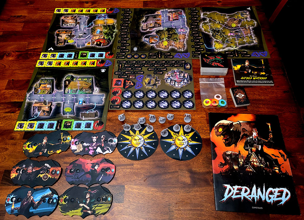 picture of everything included in board game Deranged