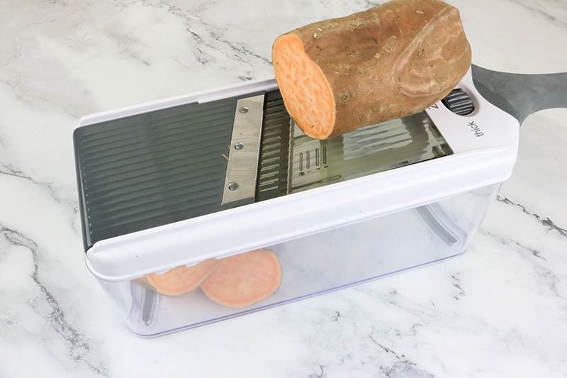 Slicing Sweet Potatoes for Peanut butter sweet potato dog treats