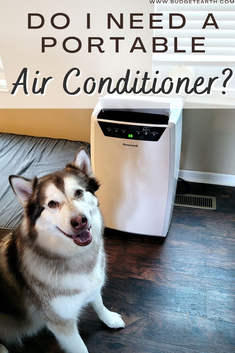 Rylie the Alaskan Malamute sitting next to a Honeywell Portable Air Conditioner