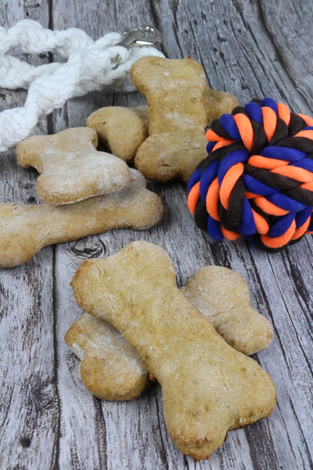 banana ginger dog treats with a ball and leash