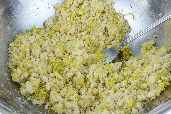 Dandelion Cookies Mixing petals with dough with fork