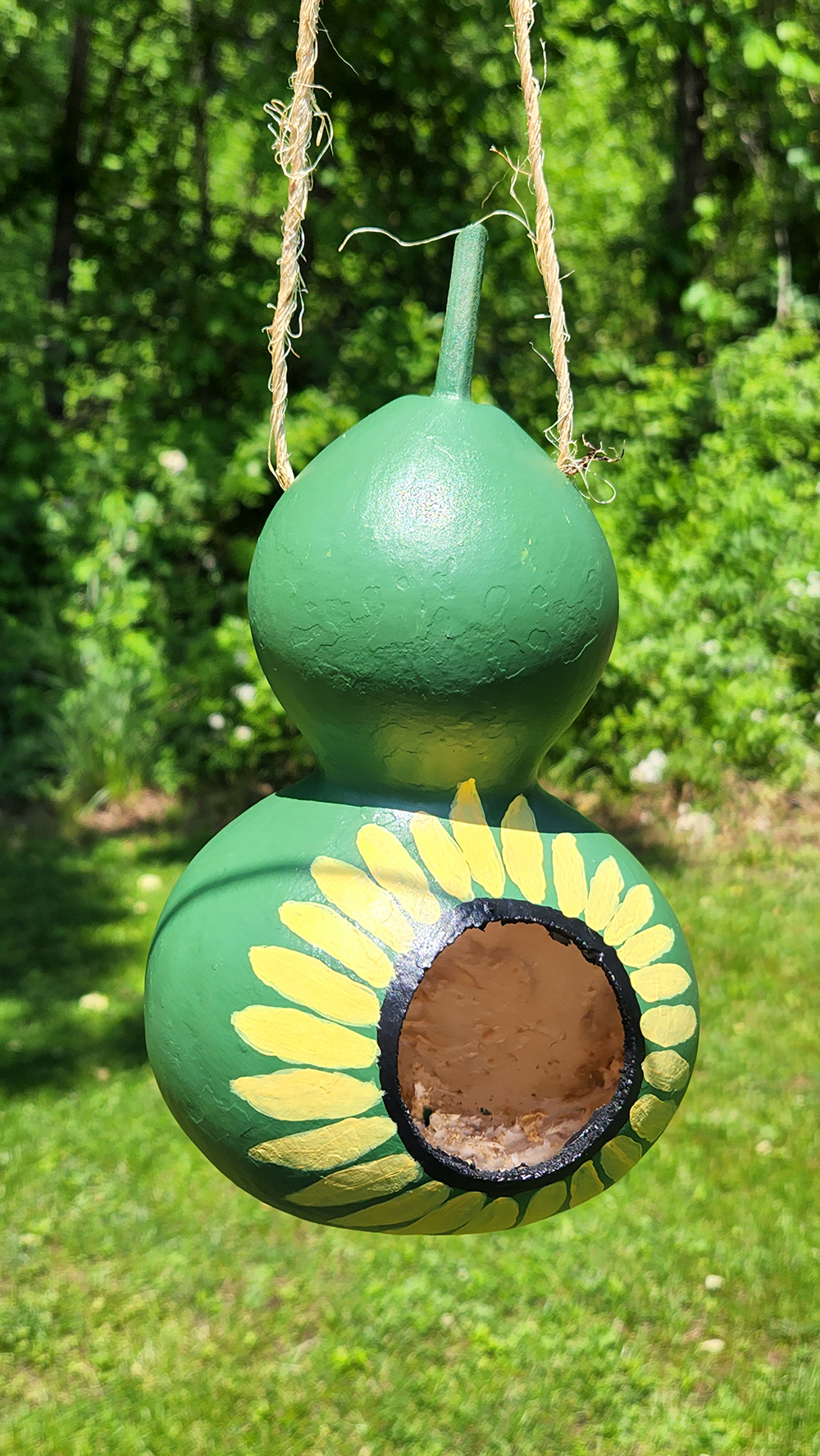 DIY gourd birdhouse hanging outside by bushes