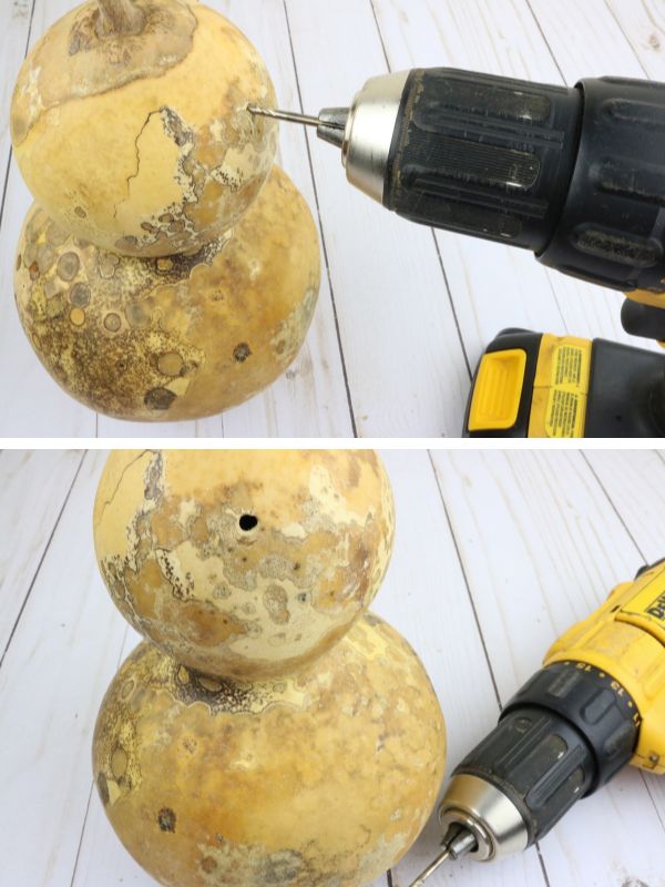 drilling hood holes in gourd birdhouse