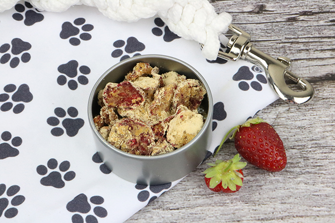 strawberry peanut butter dog treats on a white and black paw mat with fresh strawberries