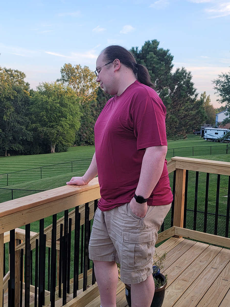 man wearing big boy bamboo red t-shirt