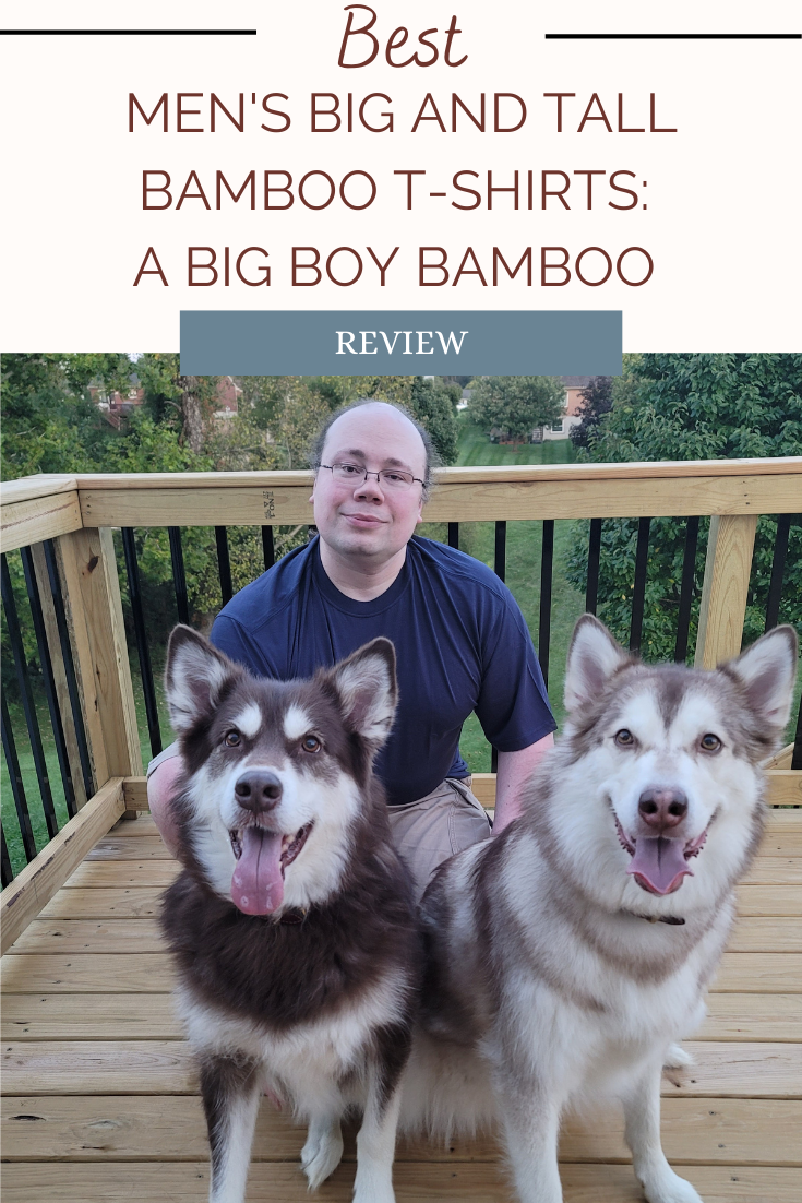 man wearing blue big boy bamboo t-shirt with two alaskan malamutes