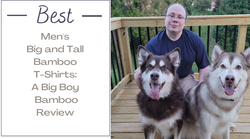 man wearing a bamboo t-shirt with two alaskan malamutes