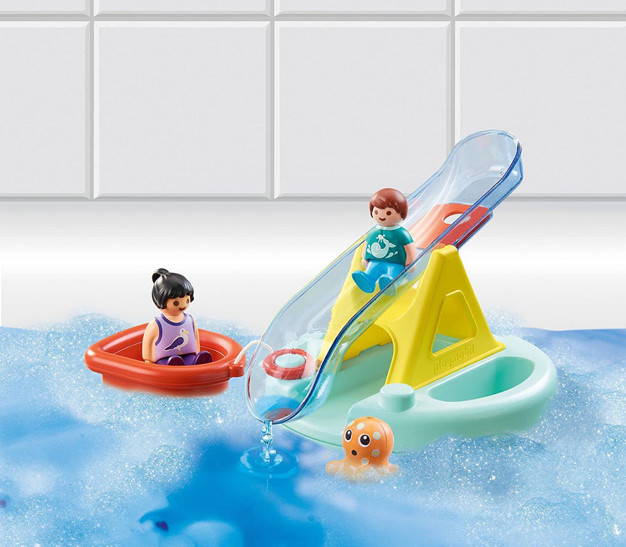 water seesaw bath toy being played with in tub