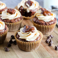 picture of a buckeye cupcake in a grouping on a cutting board