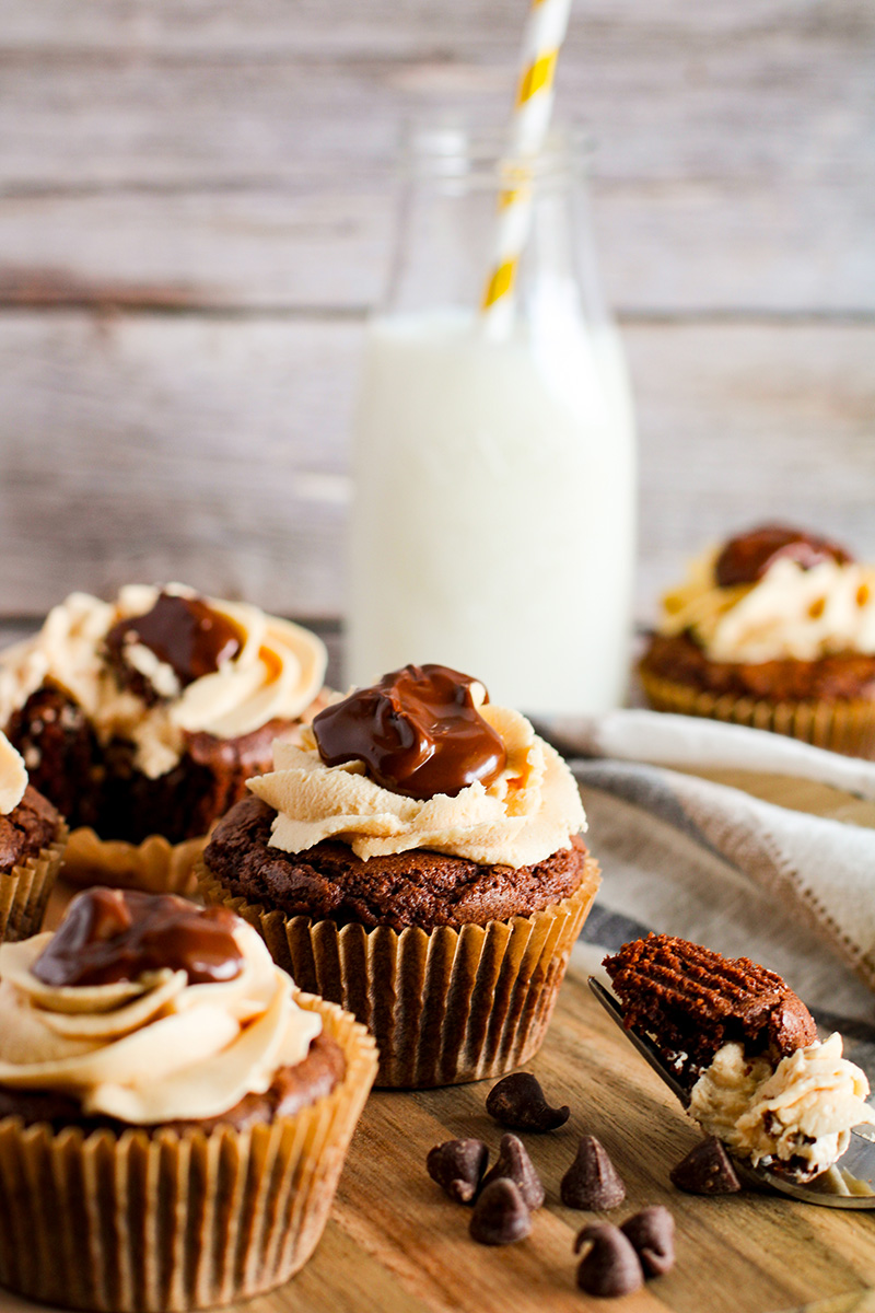 picture of buckeye cupcake group iwth milk and a piece on a fork