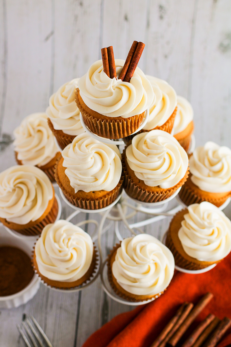 tower of pumpkin cupcakes with cream cheese icing