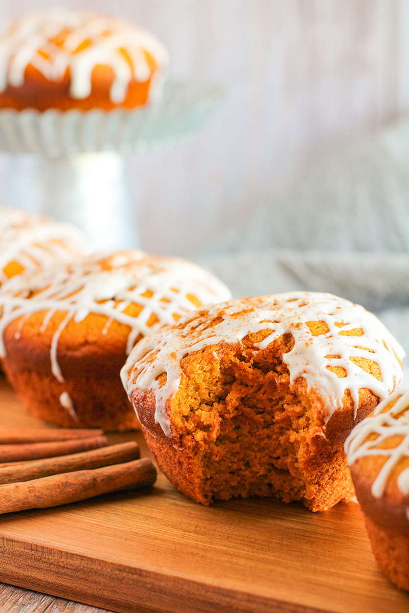 jumbo pumpkin muffins bitten into