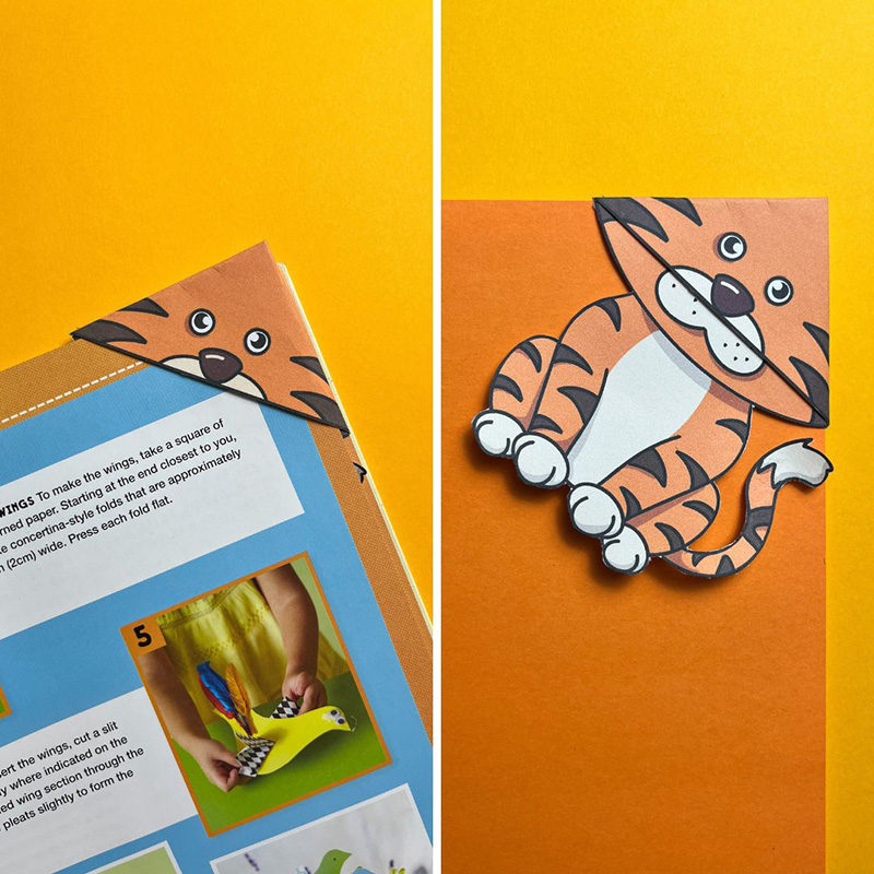 tiger animal bookmarks in a textbook