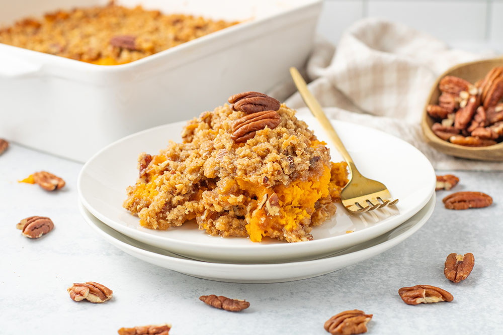 a delicious picture of fresh sweet potato casserole using our Ruth Chris Sweet Potato Casserole Recipe