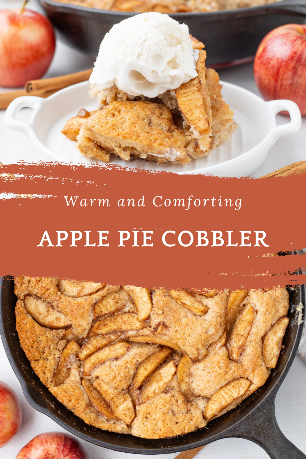 easy to make apple pie cobbler recipe featuring a fresh cobbler made in a cast iron pan and covered with whipped cream or ice cream
