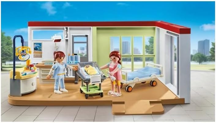 an adorable maternity ward playset where kids are roleplaying helping care for a baby
