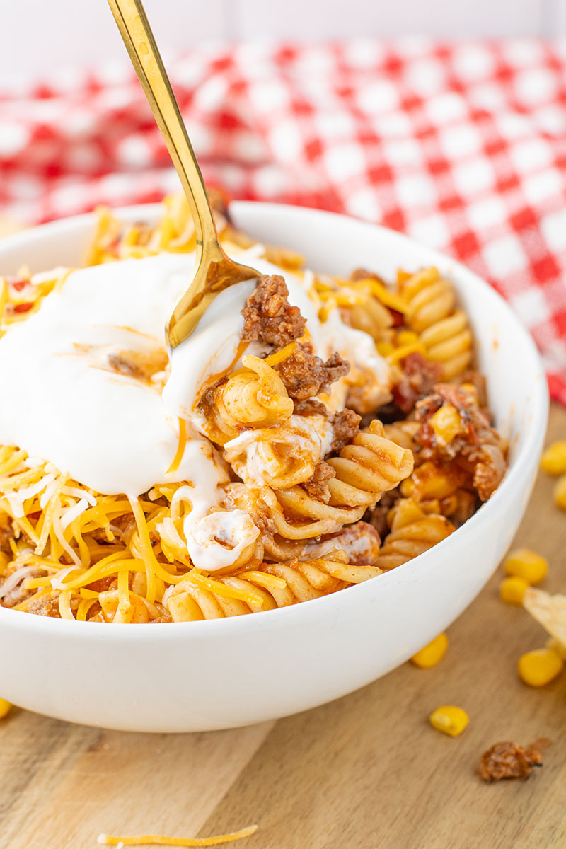 A delicious bowl of Instant Pot Taco Pasta.