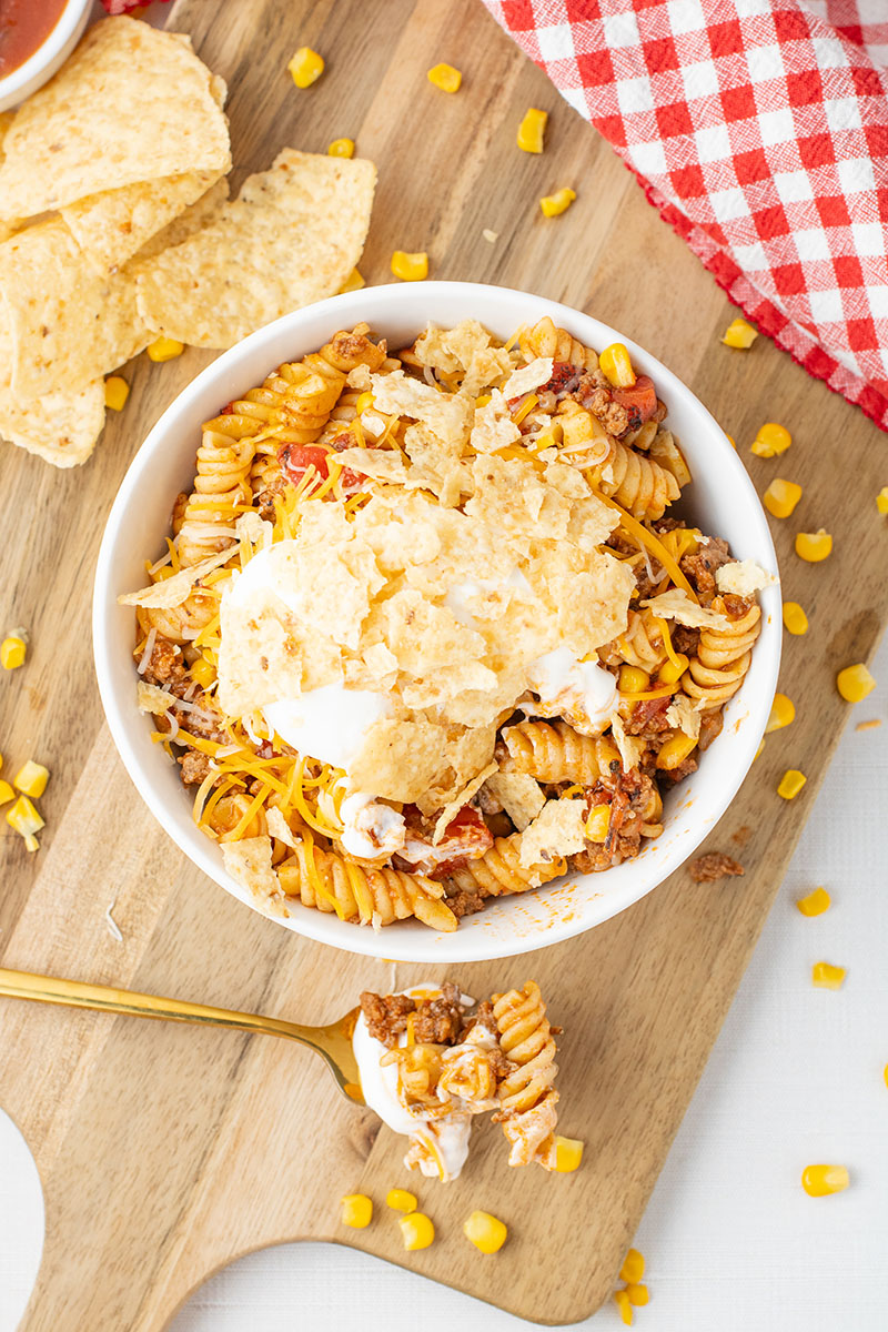 A delicious bowl of Instant Pot Taco Pasta.