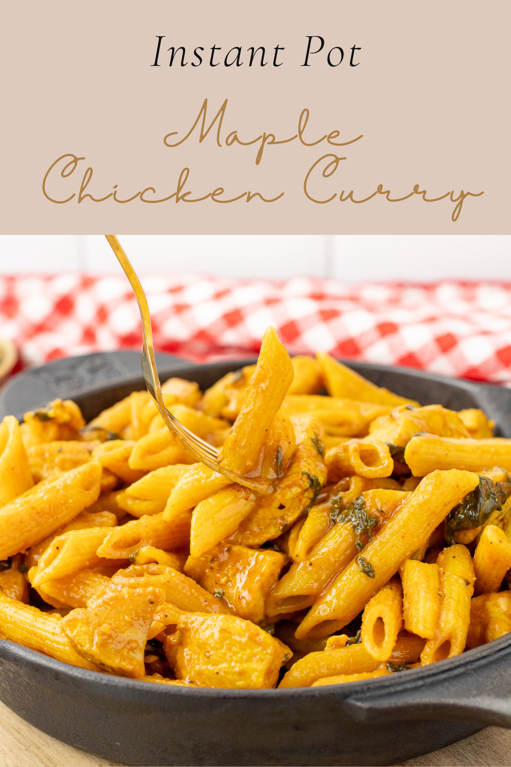 A bowl of maple chicken curry made in the Instant Pot but being served in a cast iron pan